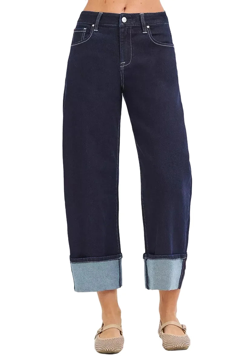 RISEN Slouchy Crop Barrel Cuffed Hem Dark Blue Jeans