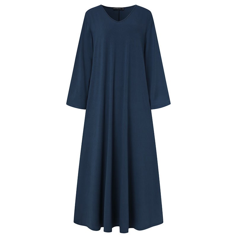 Elegant V-Neck Long Sleeve Maxi Dress | Loose Fit Dress with Hidden Pockets(MA314)