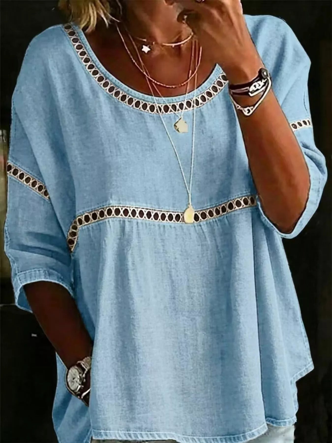 Full Size Hollow Out Round Neck Top Plus Size